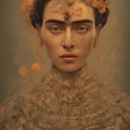 full body, Frida kallo identify face, animal skin clothing ,details,texture,8k quality, florest, Minimalism, Romanticism, Expressionism, Impressionism