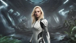 Wide-angle, full body of a woman, with straight blond hair, dressed like a robot, with equipment in her hands, next to a crashed spaceship, on an alien jungle world in the multiverse