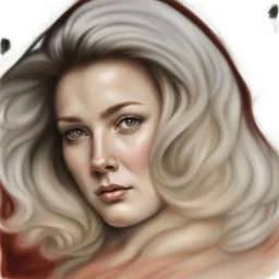 dibujo en grafito realista de rostro mujer 35 años piel blanca nariz prominente aguileña narigona curvy chubby thick bbw pelo rojo suelto ojos abiertos frente primer plano contrapicado rasgos definidos boca cerrada