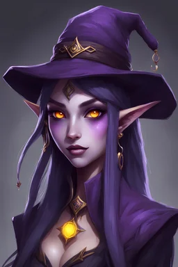 warlock dark elf with purple skin yellow eyes female cute with hat and scholar