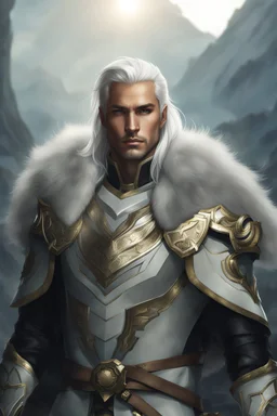 Male Tan Human, White Hair, Handsome Face, Black and Gold Armor.