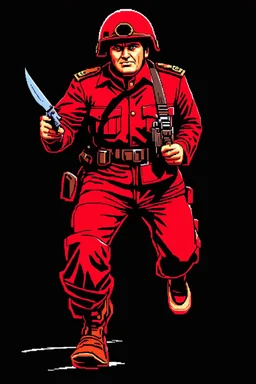 Italian soldier(uniform and face based on racist steriotypes) running towards viewer, a knife i one hand, and a gun(barrel pointing at viewer) in the other. blocky retro 1960's jack kirby style poster in monochrome with white background