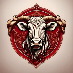 Renaissance style Sports logo, Red theme, cows head . Realistic, perspective, light and shadow, religious themes, highly detailed