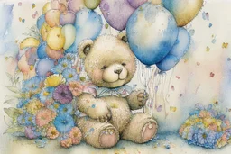 line art, watercolor wash, ( patchwork teddy bear sitting amongst flowers and balloons) brian froud style, carl larsson style, colourful palate, perfect composition, detailed background by daniel_merriamn summers day, studio photo, intricate details, highly detailed highly detailed elegant studio lighting intricate beautiful award winning crisp quality colourful very cute Daniel Merriam Daniel Gerhartz midjourney quality