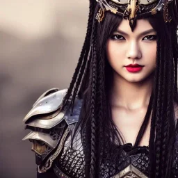 beautiful young asian queen with black leather studded armor, delicate black braided hair, glass eyes, highly detailed, 8k, ambient light, taylor swift