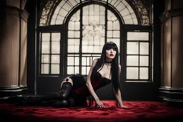 Full-body shot, of slender goth woman, lying on the floor, legs stretched out, long straight dark hair with bangs, fair skin, red lips, slender, corset, stockings, stilettos, fantasy background