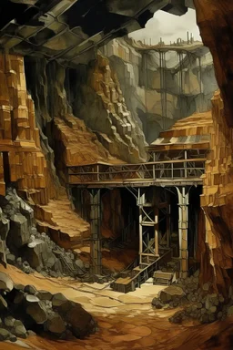 A brown underground mine in a mountain painted by Antoni Gaudi