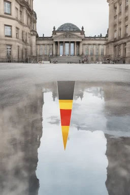 Typical Germany, Reichstag architecture, one small German flag hanging on the facade of the building. There is a street sign at the intersection. People on the street are reflected in a puddle on the asphalt. Watercolor style. 8k quality