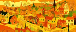 A golden orange colored town with funky music notes painted by Grant Wood