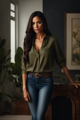 Portrait of an Olive skinned beautiful woman with long dark hair, wearing jeans and a blouse, photorealistic, standing in a living room