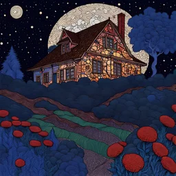 Colourful, peaceful, Egon Schiele, Max Ernst, Vincent Van Gogh, night sky filled with galaxies and stars, house, trees, flowers, one-line drawing, sharp focus, 8k, deep 3d field, intricate, ornate