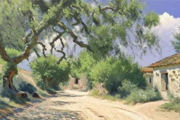 sunny day, clouds, rocks, trees, mountains, countryside, dirt road, adobe old house, gustave caillebotte impressionism paintings