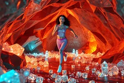 make a video pretty crystal cave covered with jewells and CIFI jewell lights and 3d recursive cubic and sphere base pearls and jwells a beautiful fashion model lady with cute,curvy hair,makeup, in pretty sports suit is running inside cave ,dynamic camera fallow her inside cave capturing full body, dynamic lights.