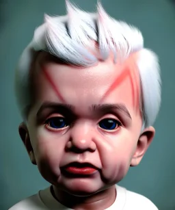 Pedro almodovar toddler, full body, white hair, diagonal shirt, dramatic lighting, hyper realistic