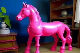 Big pink plastic toy horse.19th painting