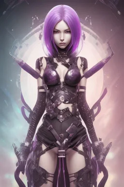 Detailed cute anime Kunoichi girl, purple hair buns, purple bangs, black latex bodysuit, intricate details, full body portrait, keep head in frame, slight smile, black Japanese motif, concept art, highly detailed, digital painting, concept art, sharp focus, illustration, art by Yoji Shinkawa, WLOP and greg rutkowski and alphonse mucha and artgerm and yanjun Chen and Junji ito and Makoto Shinkai, HDR, octane render