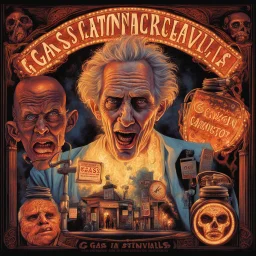 Modern movie poster art by Drew Struzan, with text "GAS STATION CARNIVALS" by "THOMAS LIGOTTI" about a sinister hallucinatory broken-down sideshow at a gas station, surreal horror art, by Bill Elder, by Gahan Wilson, warm somber colors, dramatic mixed media, intricate detail, volumetric lighting, artistic photo layering effect.