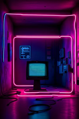 Unsettling room, neon lights, signs, empty, a computer is running, liminalcore