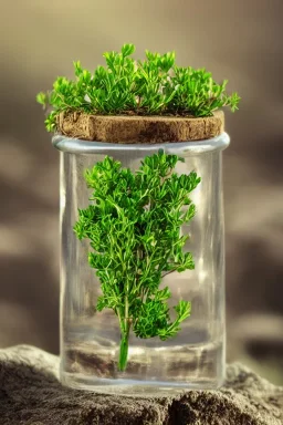 Thyme growing in a bottle, extreme close-up beautiful landscape, realistic and natural, detailed full-color , nature, HD photography, Galen Rowell, David Muench, perfect composition, gloss, hyperrealism