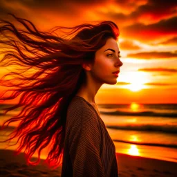 A very scantily clad young woman standing on the beach watching the sunset. The wind is playing with their hair.