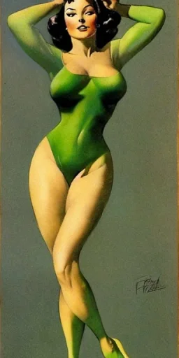 Green skin Martain Pin-Up Lady by Frank Frazetta, full body and face can be seen, detailed face, detailed body