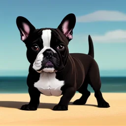 detailed illustration of a french bulldog standing on the sand, french bulldog wallpaper, luminous body, sparkling body, full body, symmetrical body, realistic, luminous body, clear focus, carefully detailed, soft evening sky, muscular body, hulk body, a lot of muscles on the body, realistic body, beautiful dog, art picture, high resolution, powerful dog, chain around the neck, lots of muscles on the dog body, french bulldog in muscles, bodybuilder, muscles, 64k