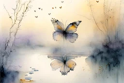 double exposure, merged layers, ethereal butterfly, Sunrise on a misty morning. over a misty pond in the hieght of fall. Watercolour by Alison Brady. Pastel colours, heart and love Arthur Rackham Gothic Watercolour Jean-Baptiste Monge Ernst Haeckel Minimalist Kay Sage watercolour art