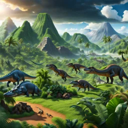 Paisaje de la tierra en la época de los dinosaurios, diferentes clases de dinosaurios, calidad ultra, hiperdetallado, 64k