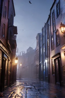 Diagon alley street at night, many houses, wet ground, pole with round light