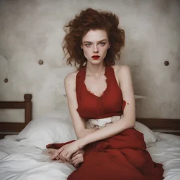 Top model Sara grace wallerstedt, freckles, in the style of egon Schiele, red nose, red dress, on a bed