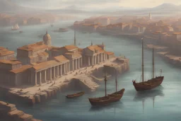 Um porto de navios antigos e uma cidade ao fundo, cores frias, tempos antigos e romanos