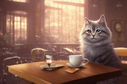 cute fluffy cat in a coffeehouse in sunshine Weight:1 detailed matte painting, deep color, fantastical, intricate detail, splash screen, complementary colors, fantasy concept art, 8k resolution trending on Artstation Unreal Engine 5 Weight:0.9