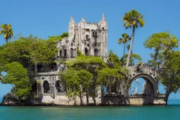 A futuristic ruined gothic building on an island floating over the sea with balconies, verandas, many arches, bridges, spires, paths, trees, dense foliage, spanish moss, ivy, blue sky, white clouds