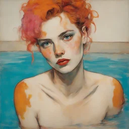 Egon schiele painting of a grunge woman, with freckles, she looks like jayne mansfield, , in the swimming pool, orange, pink, turquoise, yellow colors
