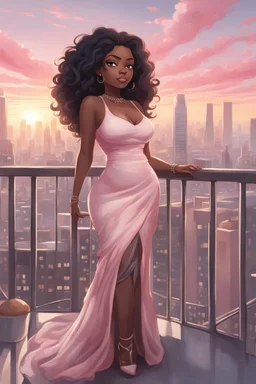 The scene opens onto a serene balcony overlooking a bustling city skyline. The sky above is painted in soft hues of pink and gray as the sun begins its descent, casting a warm glow over everything it touches. In the foreground stands a captivating figure, airbrush chibi cartoon curvy black woman exuding confidence and elegance. She is adorned in a flowing white knit maxi dress that hugs her curves in all the right places, accentuating her silhouette. Her choice of footwear is equally stunning