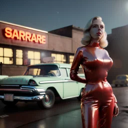 Ultra Realistic retro sci-fi afire Supermarket parking scene, 1960 year, blonde woman, sweet scarlet Johansson face, perfect iris, glow eyes, face makeup, tight latex coat; many panic people looking, Retro sci-fi style, soft color, highly detailed, unreal engine 5, ray tracing, RTX, lumen lighting, ultra detail, volumetric lighting, 3d, finely drawn, high definition, high resolution.