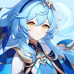 Genshin woman, Clear Focus High resolution, Calm Background, Light skinned woman, Blue long beatiful hair, Yellow sparkling eyes, Very Beatiful Face