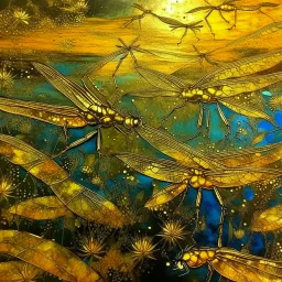 Gold wetlands with glowing and sparkling dragonflies designed in Moroccan rug art painted by Zosan