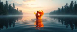 A hyper-realistic 4K scene of a serene forest lake at sunset. In the center of the lake, a pure elemental form of fire is gently hugging a pure elemental form of water. They are not human or creature-like — just abstract, living elemental shapes: fire is swirling, glowing flames with soft embers, and water is flowing, translucent waves with light reflections. Their embrace is tender, equal, and peaceful. The lake reflects their union. All around them, stylized "cooler fuel" trees with bluish bar