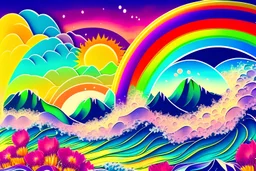 sun, waves, mountains, flowers and rainbow