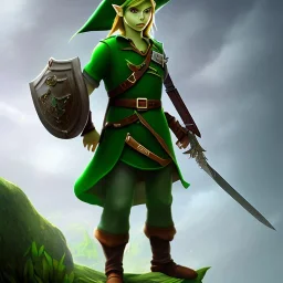 warrior character, wearing green clothes and green hat, similar to Link from Legend Of Zelda, standing on the edge of a steep cliff, heroic, atmospheric