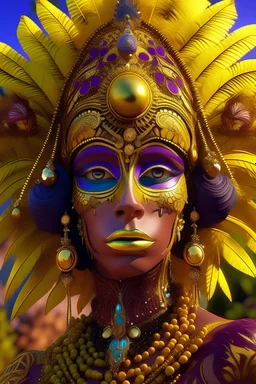 trans intersex huge eyes; high couture outfits in yellow and purple; nature landscape; nonbinary very deformed bodies; brazilian latino ethnicity headdress 3D Render of , High Detailed, Close-up, Dark light