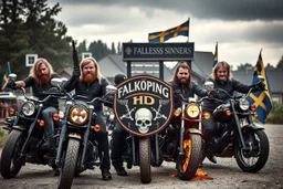 a very hard and tuff motorcycle young gang with Keltic hair , not old, posing with their Harley Davidsson bikes, some of them holding guns and shotguns, a logo sign with "FALKÖPING HD", "FEARLESS SINNERS" Skulls and bones, skeletons and fire, Swedish town Falköping in background, Swedish flags on bikes, Simon Stålenhag style