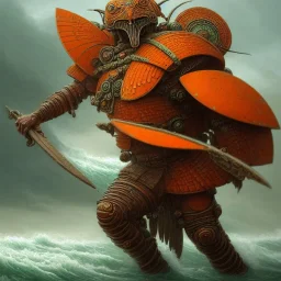 an ibis warrior in orange and green full battle armor, a highly detailed illustration, background of giant crashing ocean waves, realistic render, 8 k, micro detail, intricate, elegant, centered, digital painting, Artstation, smooth, sharp focus, illustration, artgerm, tomasz alen kopera, peter mohrbacher, donato giancola, joseph christian leyendecker, wlop, boris vallejo