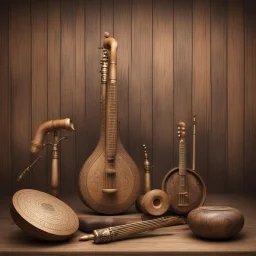 Hyper Realistic eastern classical musical instruments with rustic musical background