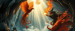 pin hole cam, fire smoke and fog and light rays, phoenix jellyfish octopus space ship bird witch in icy waterfall looks beyond really powerful slapping a bird in the face with fire, fantasy illustration, in the style of Rembrandt