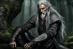 ancient grizzled, gnarled elf vagabond wanderer, long, grey hair streaked with black, highly detailed facial features, sharp cheekbones. His eyes are black. He wears weathered roughspun Celtic clothes, emaciated and tall, with pale skin, full body , thigh high leather boots and has a dark malevolent aura within swirling maelstrom of ethereal chaos in the comic book style of Bill Sienkiewicz and Jean Giraud Moebius in ink wash and watercolor, realistic dramatic natural lighting