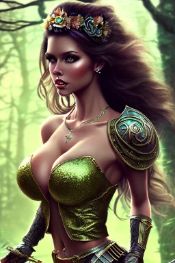 milf, bodybuilding, brunett long gewelltes hair, warrior princess, forest, nacht, märchenschloss auf hügel, große oberweite, corsage, necklace, fantasy art