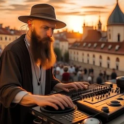 A bearded DJ with a hat on his head at the console, many electronic devices, consoles around, play middle street of medieval city,sunset