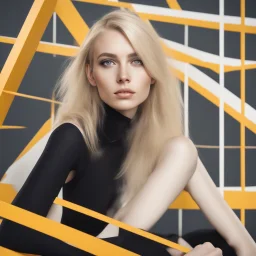 portrait photo of an 20 years old european blonde haired woman sitting in office, style \(artistic makeup with geometric lines\) , 8k, uhd, realistic, detailed skin, insane detailed, Illumination daylight,